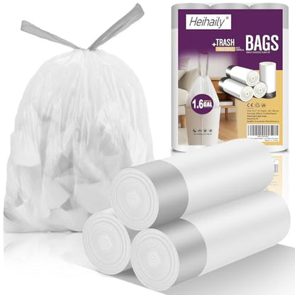 1.6 Gallon Drawstring Kitchen Trash-Bags - Heihaily Unscented Clear White Plastic Garbage Bags Heavy Duty Bulk Tiny Waste Basket Liners for Bathroom Bedroom Office (3 Rolls, 60 Counts) - color: 1.6Gal white 60 Counts