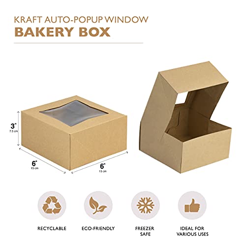 Fit Meal Prep 25 Pack Bakery Boxes with Window 6x6x3 Kraft Cake Box Cardboard Bakery Packaging for Cupcake, Cookies and Pastry, Auto-Popup Treat Box Charcuterie Box for Valentine's Day, Christmas - color: Brown