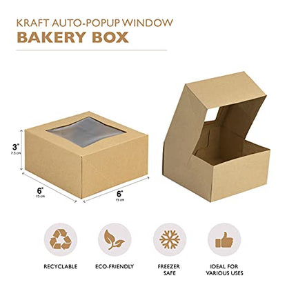 Fit Meal Prep 25 Pack Bakery Boxes with Window 6x6x3 Kraft Cake Box Cardboard Bakery Packaging for Cupcake, Cookies and Pastry, Auto-Popup Treat Box Charcuterie Box for Valentine's Day, Christmas - color: Brown