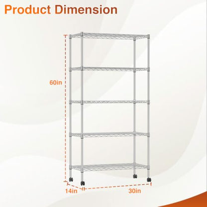 BestOffice | 5-Tier Wire Shelf with Wheels | 14" x 30" x 60" | Chrome - color: Chrome, size: 14"D x 30"W x 60"H
