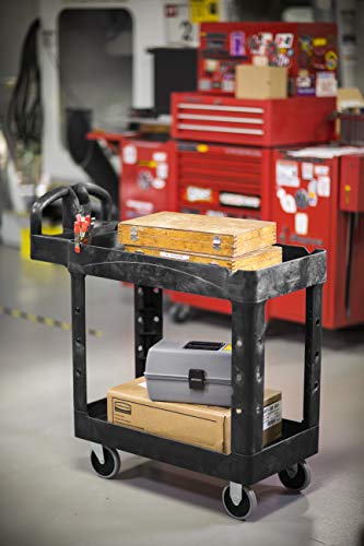 Rubbermaid Commercial Products 2-Shelf Utility/Service Cart, Small, Lipped Shelves, Ergonomic Handle, 500 lbs. Capacity, for Warehouse/Garage/Cleaning/Manufacturing - color: Black, size: Small, style: 2-Shelf