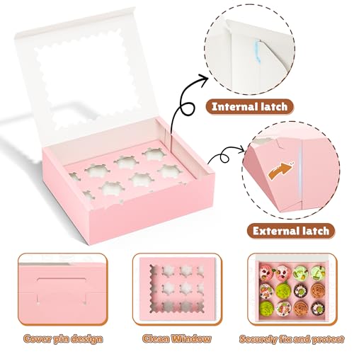 RYDDOY 4 Pack Pink Cupcake Boxes, Hold 12 Count Cupcake, Cupcake Carriers - color: Pink