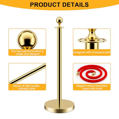 LOVMOR 12Pcs Gold Stanchion Posts Queue with 8pcs Red Velvet Rope, Crowd Control Barriers Queue Line Rope, Crowd Control Stanchion for Party Supplies - color: Gold-12pack