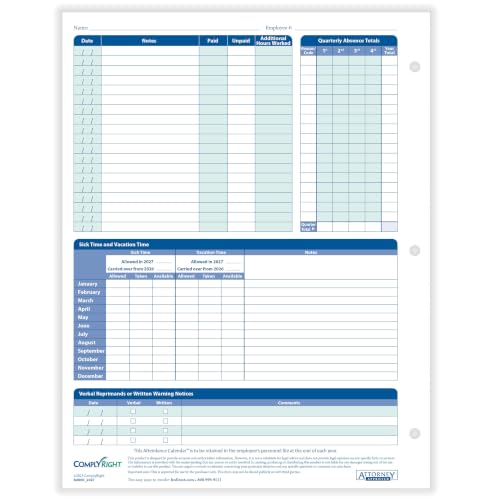ComplyRight 2027 Attendance Calendar Card, White, Pack of 25 - size: 25 Pack, style: Attendance Calendar Card
