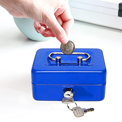 Jssmst Small Cash Box with Lock and Slot, Metal Coin Piggy Bank for Adults and Kids, Blue Locking Money Box - color: Blue, size: XS(4.92")-slot