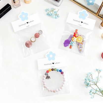 joycraft Jewelry Packaging for Small Business – 100Pcs White Bracelet Display Cards with Clear Bags, Small Handmade Jewelry Display Set for Bracelets, Key Chains, Earring, DIY Craft(Blue Flower) - color: White with Blue