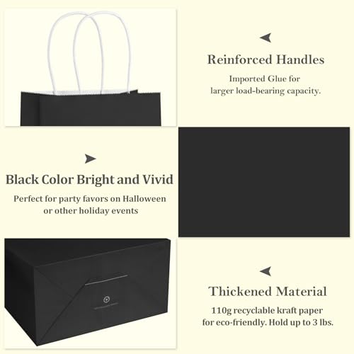 BagDream Gift Bags with Handles 5.25x3x8 Inch Dark Black 100 Pack Bulk - color: Black