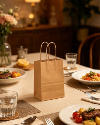 qiqee 100-Packs Mini Size Paper Gift Bags with Handles Bulk 4.5"×2.5"×6" Brown Gift Bags Multiple Uses - size: Mini - 100 Packs