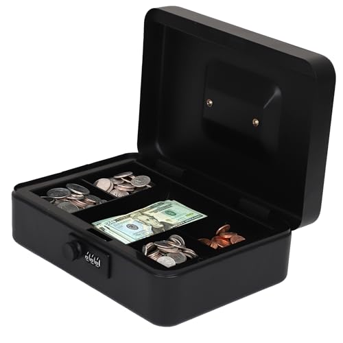 Darice Cash Box - Large Money Safe - Black Stainless Steel - Mechanical Key Lock - Removable Money Tray - Handle (7" x 9.7" x 3.5") - size: Large