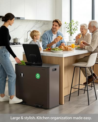 Dual Trash and Recycling Bins for Kitchen, 2*13.2 Gal Dual Trash Can, Brown - color: Brown, size: 2 * 13.2 Gallon