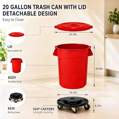 20 Gallon Outdoor Trash Can with Lid and Wheels, Red, 1Pack - color: RED