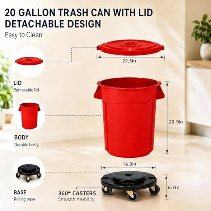20 Gallon Outdoor Trash Can with Lid and Wheels, Red, 1Pack - color: RED
