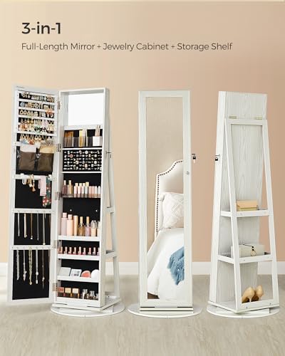 SONGMICS 360° Swivel Jewelry Cabinet, Full-Length Mirror, Lockable - color: White, style: Framed Mirror, Classic