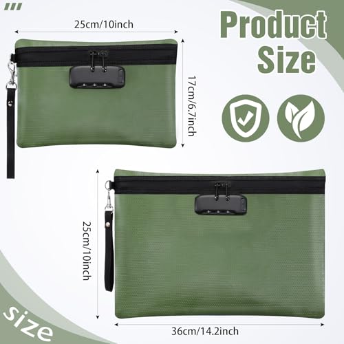 Nezyo 2 Pcs Fireproof Document Bag with Lock, Waterproof Money Pouch,Green - color: Green