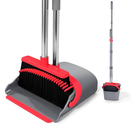 YZO Broom and Dustpan Set, 50.6-Inch Long Handle Standing Design, Dustpan Front Rubber Tight Seal, Broom with 5-Layer Bristles, Suitable for Living Room, Bedroom, Yard, Office and Apartment(Gray&Red) - color: Gray&red