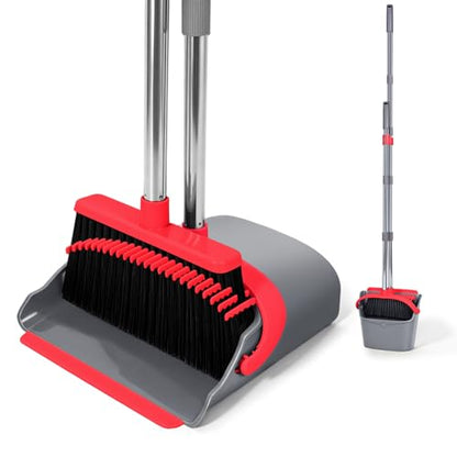 YZO Broom and Dustpan Set, 50.6-Inch Long Handle Standing Design, Dustpan Front Rubber Tight Seal, Broom with 5-Layer Bristles, Suitable for Living Room, Bedroom, Yard, Office and Apartment(Gray&Red) - color: Gray&red