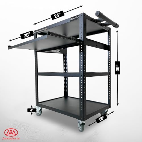 AxcessAbles Computer Cart on Wheels 400LB Capacity, Metal AV Equipment Utility Workstation, with Pullout Keyboard Tray, Locking Caster Wheels.