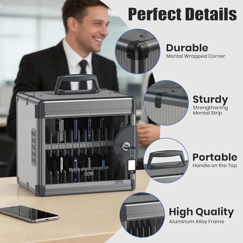 24 Slots Cell Phone Locker for Classroom with Key, Portable Mobile Phone Storage Box with Handle & Charging Hole, Phone Lock Box Wall Mounted for School (Black, 24 Slots) - size: 24 Slots
