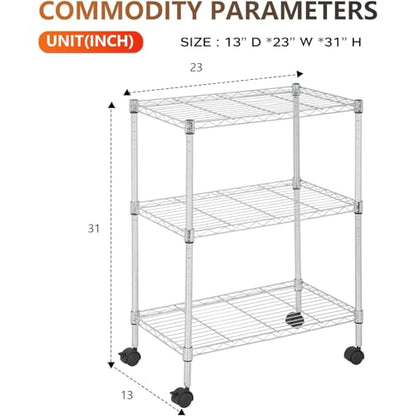 BestOffice | 3-Tier Wire Shelf with Wheels | 23" x 13" x 31" | Chrome - color: Chrome, size: 23"D x 13"W x 31"H