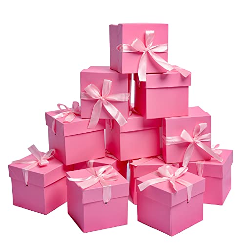 Gift Box with Lid & Ribbon for present, 12pcs, Pink, 4"×4"×4" - color: Pink, size: 4 x 4 x 4 Inch