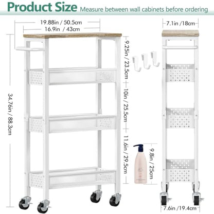 Vivihomety 4-Tier Slim Utility Rolling Laundry Cart with Wheels, Metal - color: White, size: 7.1 inch wide