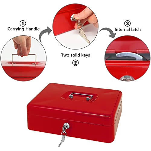 Steel Cash Box with Key Lock, Metal Small Money Organizer with Money Tray,Cash Storage Box with Lockable Cover (Red - 12 inch) - color: Red - 11.8" x 9.4" x 3.5"