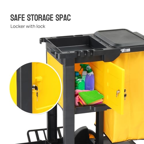 TUFFIOM Janitorial Cart with Key-Locking Cabinet, 3-Shelf Commercial Cleaning Cart, Housekeeping Caddy with Locker,Wheeled with Yellow Vinyl Bag, Black, Great for Hotel, Stores, Schools, and Business - color: Black