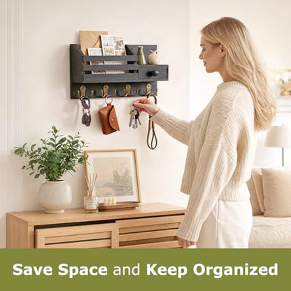 Key Holder Wall Mount, Wooden Key and Mail Organizer, Black - color: Black