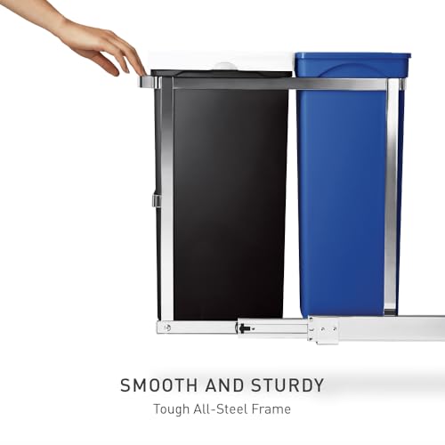 simplehuman 35 Liter / 9.3 Gallon Dual Compartment Under Counter Kitchen Cabinet Pull-Out Recycling Bin and Trash Can, Chrome - size: 35L Dual