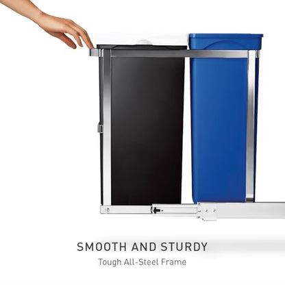 simplehuman 35 Liter / 9.3 Gallon Dual Compartment Under Counter Kitchen Cabinet Pull-Out Recycling Bin and Trash Can, Chrome - size: 35L Dual