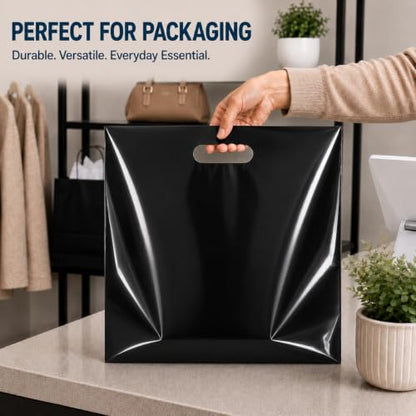Purple Q Crafts 50 Pack Black Plastic Merchandise Bags with Die Cut Handles, 18" x 18" Retail Bags