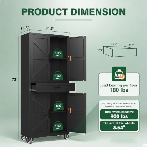 Letaya Metal Garage Storage Cabinets with Wheels,Black Rolling Tool Cabinet - color: Black, size: 15.7” D x 32” W x 73” H