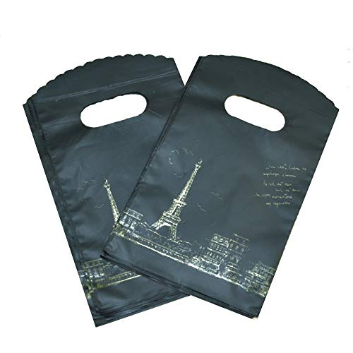 Joyhey 100 Count 3.5" x 5.9" Small Plastic Merchandise Bags, Retail Bags, Gift Bags with Die Cut Handles - Black Eiffel Tower (More Patterns Available) - color: Black Eiffel Tower