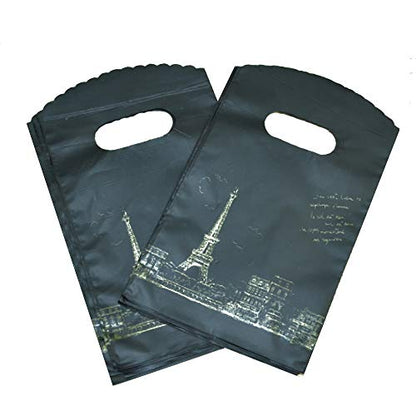 Joyhey 100 Count 3.5" x 5.9" Small Plastic Merchandise Bags, Retail Bags, Gift Bags with Die Cut Handles - Black Eiffel Tower (More Patterns Available) - color: Black Eiffel Tower
