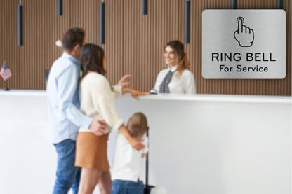 Ring Bell For Service Sign Adhesive Waterproof Sticker or Door Notice, SILVER/GOLD/BLACK engraved with Universal Icon Symbol and Text (Small Size 4.7" x 3.9") (Silver) - size: 5 inches by 4 inches