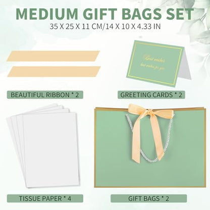 woric 13.7" Sage Green Gift Bag with Handles, 2 Pack Wedding Gift Bags - color: Sage Green