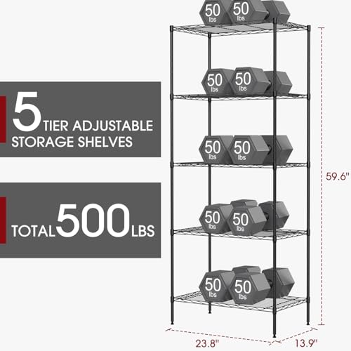 FDW | 5-Tier Wire Shelf | 23.8" x 14" x 60" | Black - color: Black, size: 5-Shelf Large No Wheels