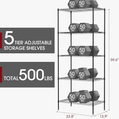 FDW | 5-Tier Wire Shelf | 23.8" x 14" x 60" | Black - color: Black, size: 5-Shelf Large No Wheels