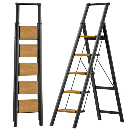 SOLADDER 5 Step Ladder, Folding Step Stool, Black+Woodgrain - color: Black&woodgrain, size: 5 Step
