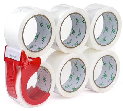 BOMEI PACK Packing Tape with Red Dispenser White Packaging Tape for Shipping Moving Strong Sealing Adhesive Industrial Depot Tapes for Storage 1.88 inch x 60 Yards, 6 Rolls - color: white