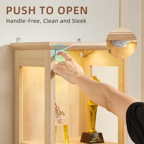 LELELINKY Farmhouse Narrow Glass Display Cabinet with Doors - color: Natural, size: 4 Pack
