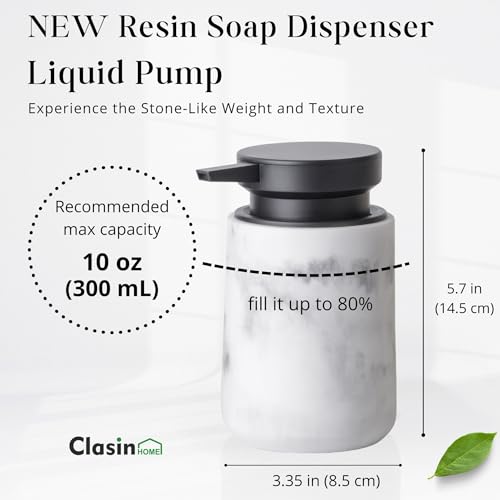 Clasin Home Liquid Soap Dispenser with Easy-to-Press Pump, 10 oz Refillable Hand Soap Dispenser with Extended Spout for Bathroom Kitchen Dish Lotion, Modern Stone Texture (White) - color: White