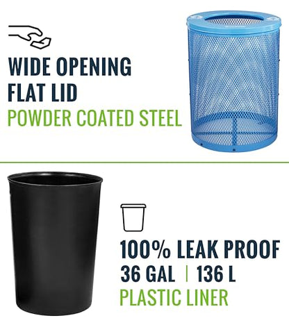 Alpine Outdoor Trash Can 36 Gallon Diamond Steel Commercial Metal Waste Bin with Leak Proof Liner, Heavy Duty Steel Mesh Design, Flat Wide Open Top Lid for Parks, Streets, and Public Spaces-Blue