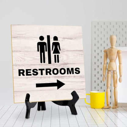Restrooms Right 5"x 5" Square Table Sign With Acrylic Easel | General Office Notices & Business Table Signs - color: Restrooms Right