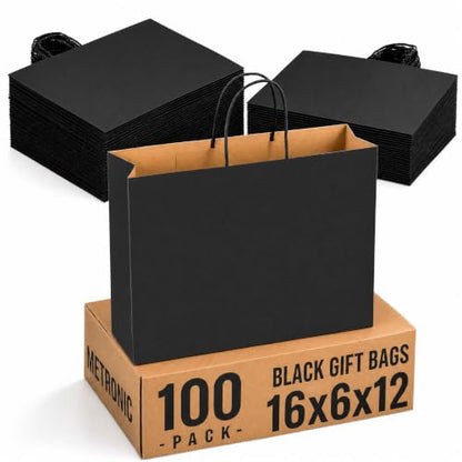 METRONIC Large Black Paper Bags With Handles 16x6x12 Inch 100 Pack, - color: Black, size: 1 Count (Pack of 100)