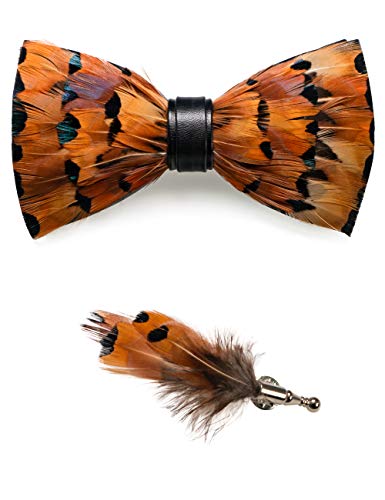 RBOCOTT Handmade Feather Pre-tied Bow tie and Brooch Sets for Men - color: Orange