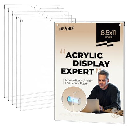 NIUBEE Magnetic Acrylic Sign Holder 8.5x11 Wall Mount Clear Frame 6 Pack