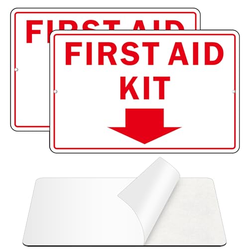 First Aid Sign, (2 Pack) Self Adhesive First Aid Kit Sign for Wall, Aluminum Metal Signs With 2 Pre-drilled Holes (9 x 6 inches, White/Red) - color: White /Red