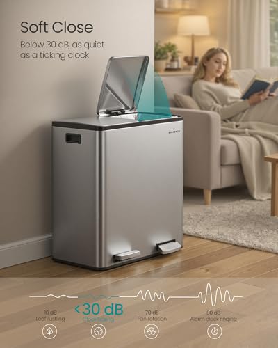 SONGMICS Trash Can, 2 x 8 Gallon (2 x 30 L) Double Compartment - color: Silver, size: 2 x 8 Gal.