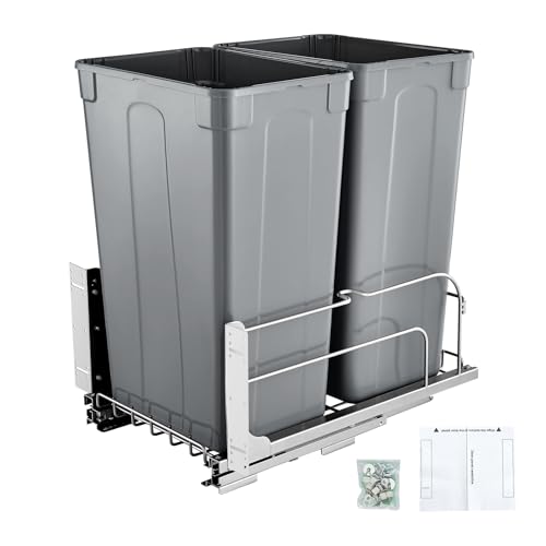 VEVOR Pull-Out Trash Can, 50 QT x2 Double Under Mount Kitchen Waste Container, Heavy Duty Garbage Recycling Bin with Door Kit and Soft Close Slide, for Kitchen Cabinet, Sink, Under Counter (Grey) - size: 100 QT (50 QT x 2), style: With Soft Close
